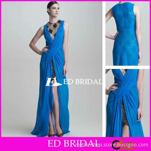 A Line Round Neck Lace Scalloped Mini Skirt Pleated Chiffon Overlay V Neck Center Vent Floor Length Two Piece Evening Dress